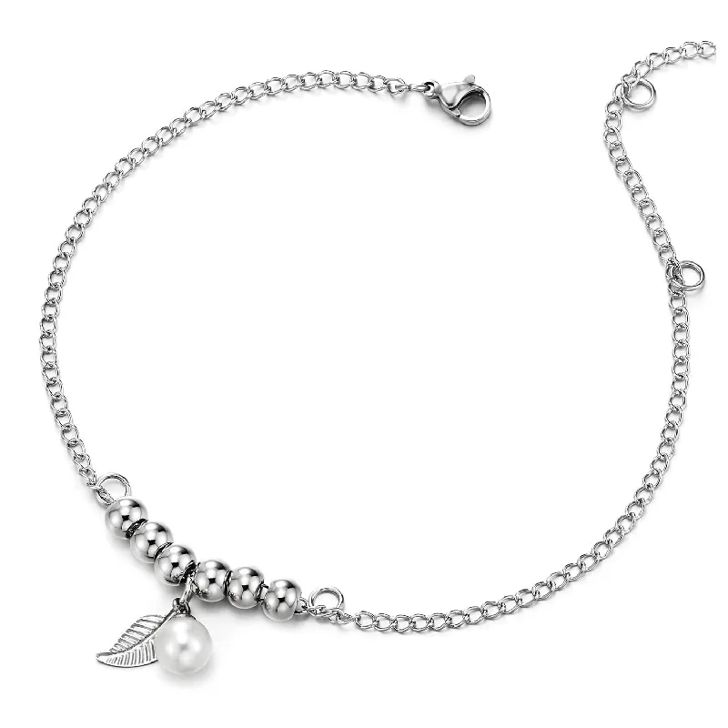 women adjustable bangle sets -Stainless Steel Link Chain Anklet Bracelet with Beads String, Dangling Leaf and Pearl, Adjustable