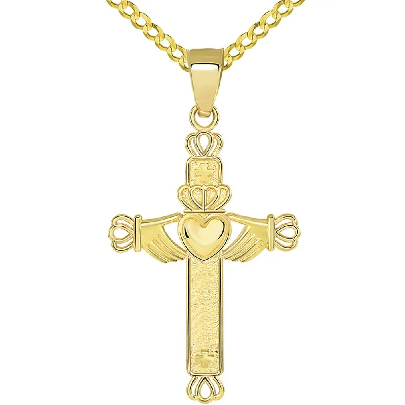 women engraved gold necklaces -Solid 14k Yellow Gold Irish Claddagh Religious Cross Pendant with Cuban Chain Necklace