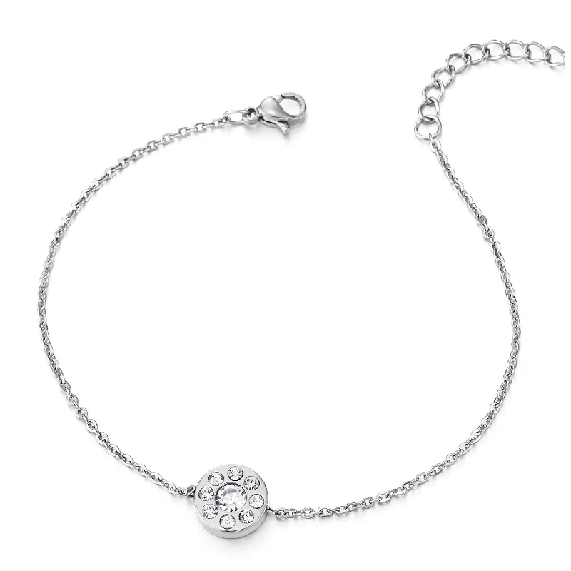 women engraved cuff bracelets -Stainless Steel Link Chain Anklet Bracelet with Charm of Circle and Cubic Zirconia, Adjustable