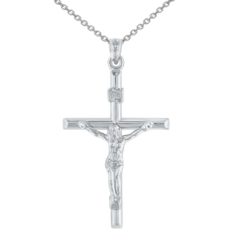 women rope necklaces -14K White Gold INRI Crucifix Tubular Simple Polished Cross Pendant Necklace