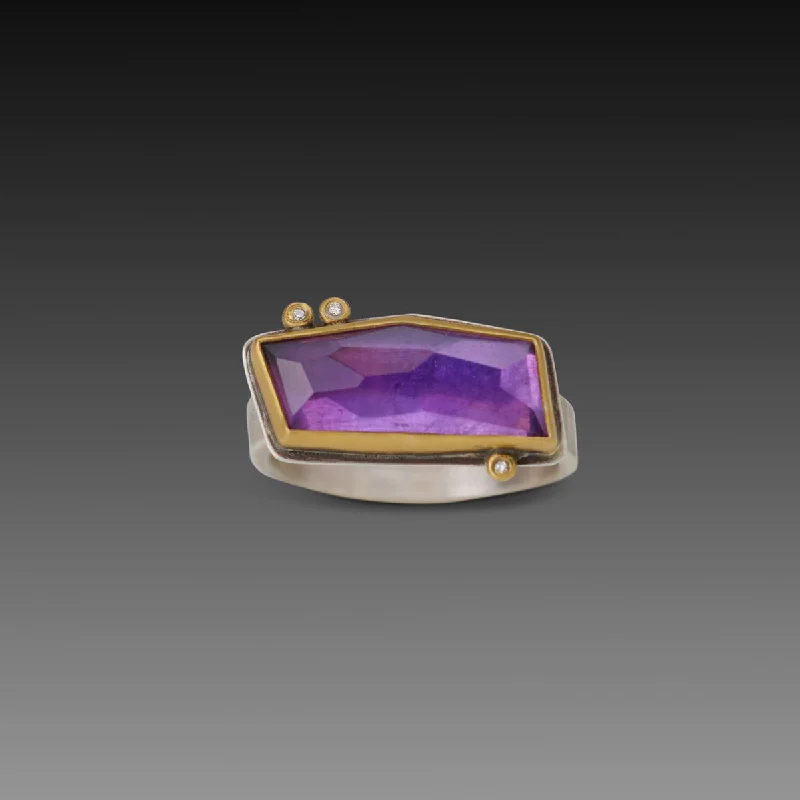 women custom rings -Geometric Amethyst Ring with Three Diamonds