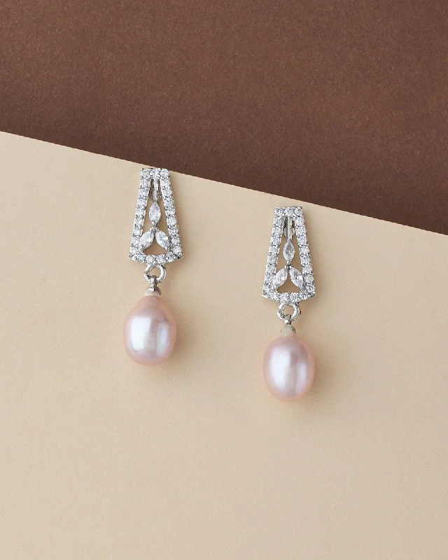 women geometric earrings -Pretty Pink Pearl Hang Earring