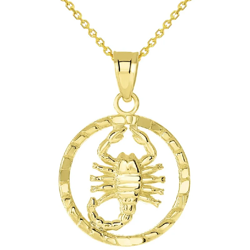 women celestial necklaces -14k Yellow Gold Textured Round Scorpion Charm Scorpio Zodiac Pendant with Rolo, Curb, or Figaro Chain Necklaces