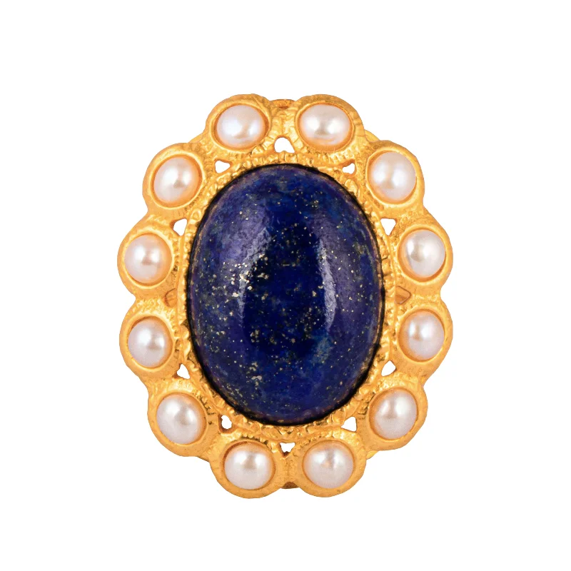 women wide band rings -Oceana Ring Lapis & Pearl