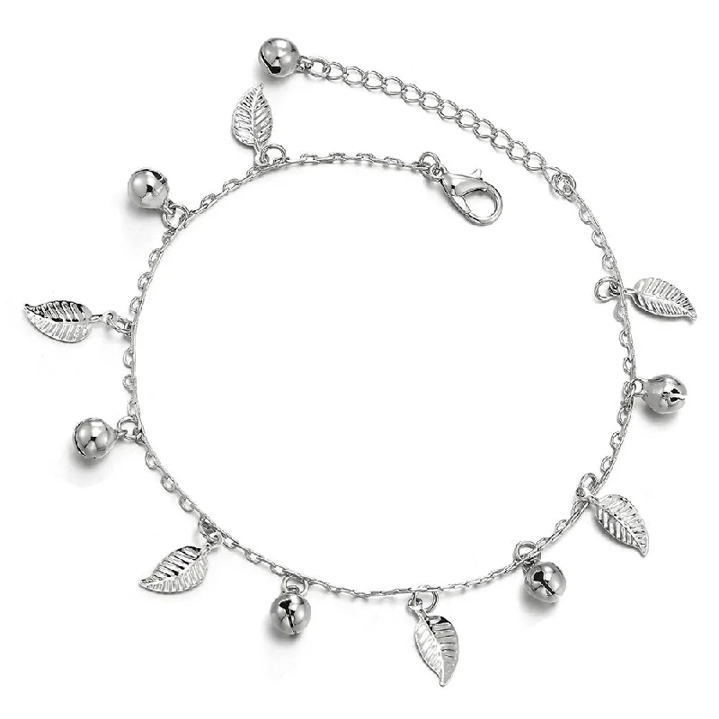 women trendy bracelets -Unique Link Chain Anklet Bracelet with Dangling Charms of Leaves and Jingle Bells, Adjustable