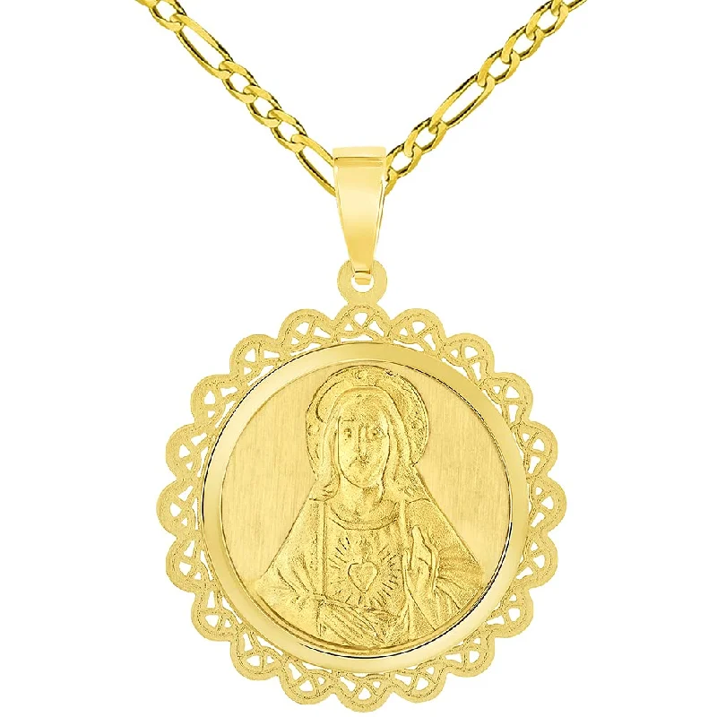 women moon necklaces -14k Yellow Gold Sacred Heart of Jesus Christ On Round Ornate Miraculous Medal Pendant with Figaro Chain Necklace