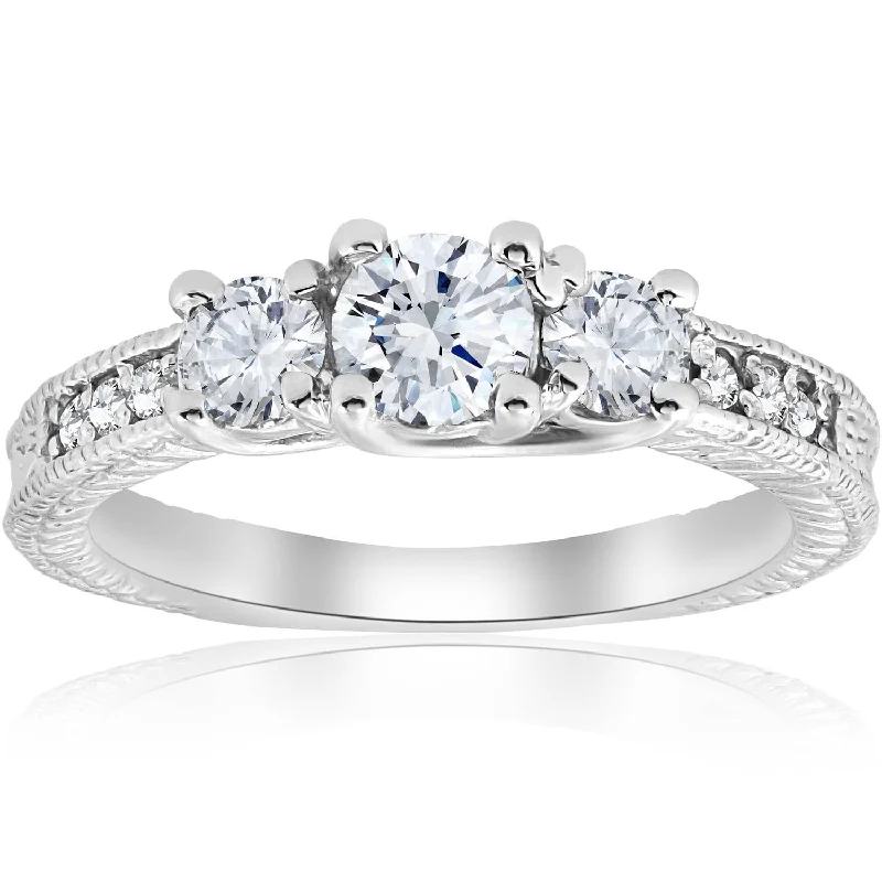 women white sapphire engagement rings -1ct Vintage Diamond Three Stone Engagement Ring 14K White Gold