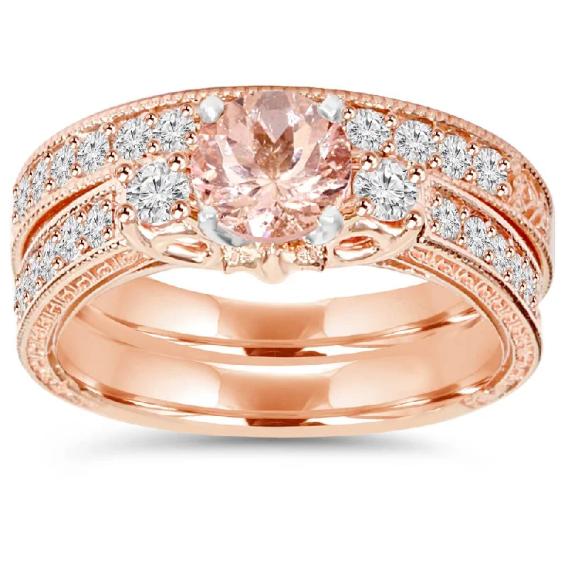 women diamond band engagement rings -1 1/2CT Vintage Diamond & Morganite Engagement Wedding Ring Set 14K Rose Gold