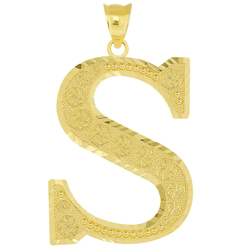 women star pendant necklaces -14k Yellow Gold Textured Uppercase Initial S Letter Pendant with Eternity Symbols 1 inch