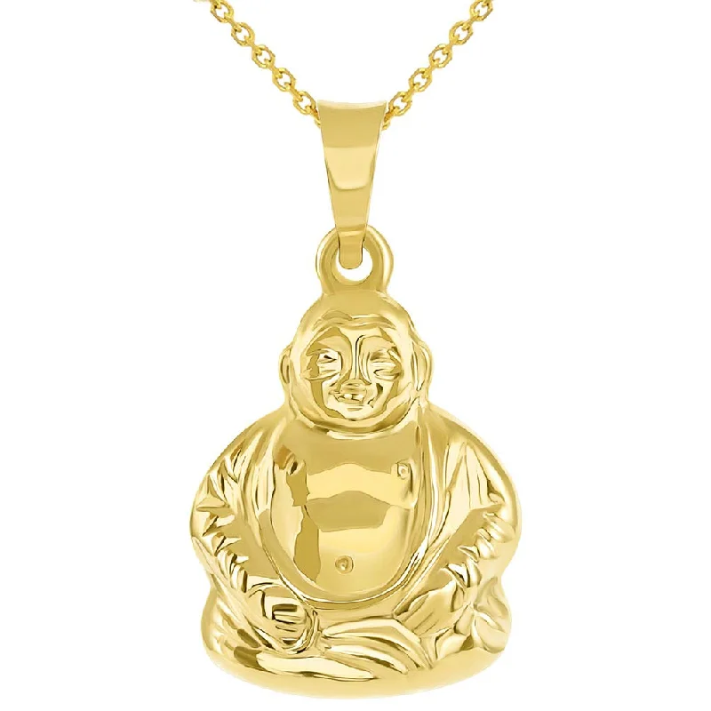 women statement necklaces -14k Yellow Gold 3D Meditating Buddha Religious Charm Pendant Necklace