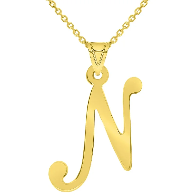 women pendant necklaces -14k Yellow Gold Dainty Uppercase Script Initial N Cursive Letter Pendant Necklace