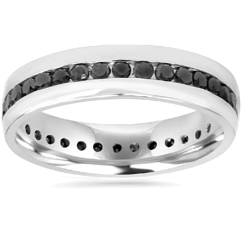 women birthstone rings for engagement -Mens 1 1/4ct Channel Set Black Diamond Eternity Ring Wedding Band 10K White Gold