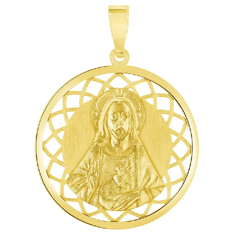 women anniversary necklaces -14k Yellow Gold Sacred Heart of Jesus Christ On Round Open Ornate Miraculous Medal Pendant (1")