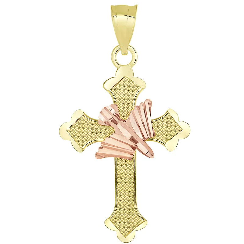 women adjustable necklaces -14k Yellow Gold and Rose Gold Textured Holy Spirit Dove Cross Pendant