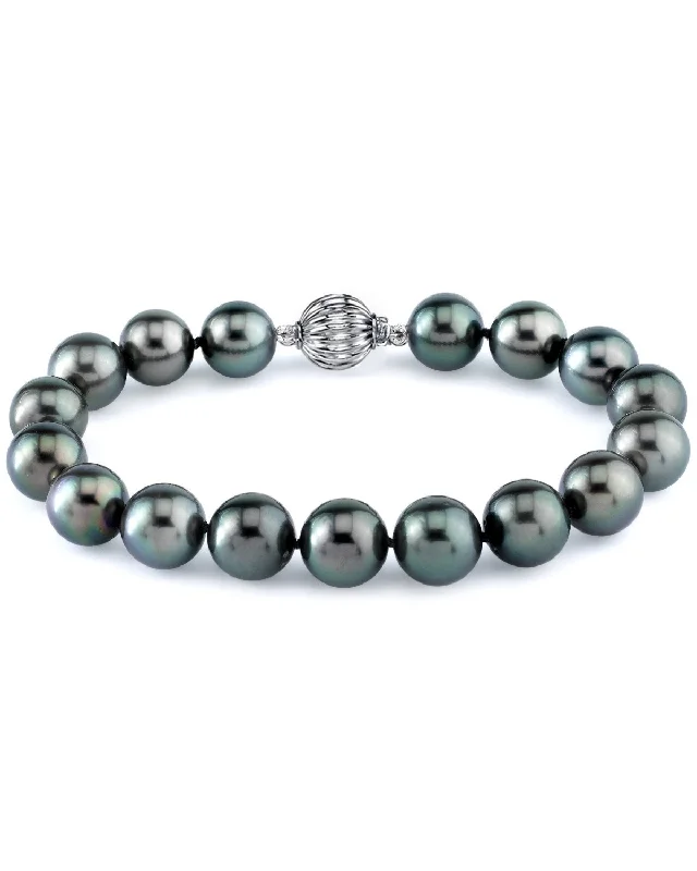 women braided bracelets -True Round Black Tahitian Pearl Bracelet, 9.0-10.0mm - AAA Quality