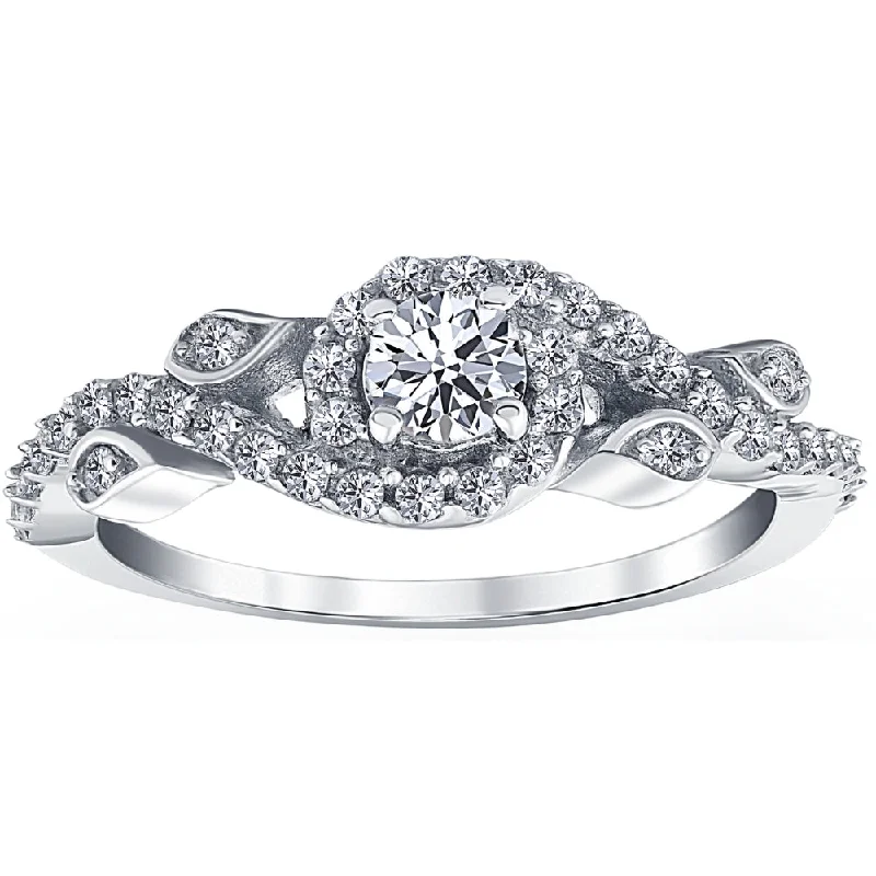 women oval diamond engagement rings -5/8ct Vintage Diamond Floral Halo Engagement Ring 14K White Gold