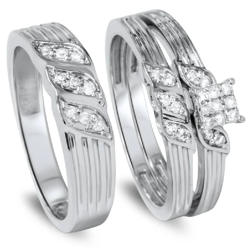 women cushion cut diamond engagement rings -1/3ct Engagement Trio Ring Set 10K White Gold