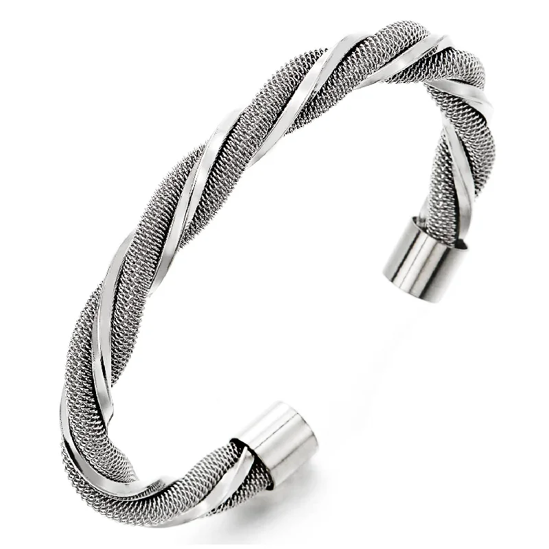 women vintage bracelets -COOLSTEELANDBEYOND Stainless Steel Cable Cuff Bracelet for Men Women, Interwoven Twisted Cable Bangle, Elastic Adjustable