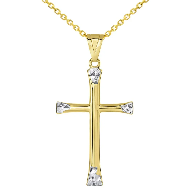 women bridal necklaces -14k Yellow Gold Textured Two Tone Slender Plain Cross Pendant with Rolo, Curb, or Figaro Chain Necklaces