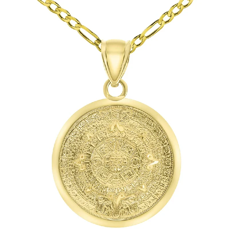 women chain necklaces -14k Yellow Gold Mayan Sun Calendar Medallion Pendant with Figaro Chain Necklace