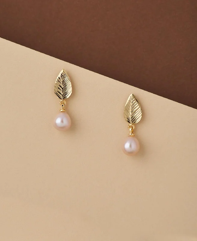 women stacked earrings -Leaf Real Pearl Hang Earring