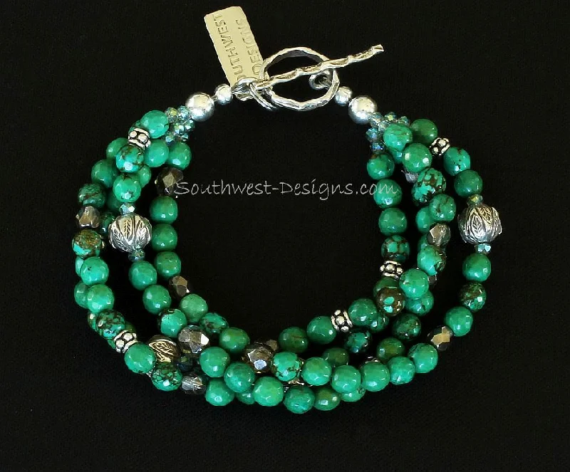 women statement bracelets -Green Turquoise Faceted Rounds 4-Strand Bracelet with Fire Polished Glass, Ornate Sterling Silver Rounds, Sterling Wheel Spacers and Textured Sterling Toggle Clasp