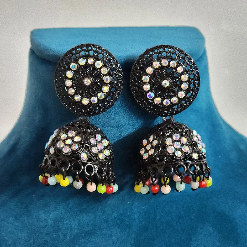 women gemstone hoop earrings -H K Fashion Black  Plated Austrian  Stone And Pearls Jhumki Earrings