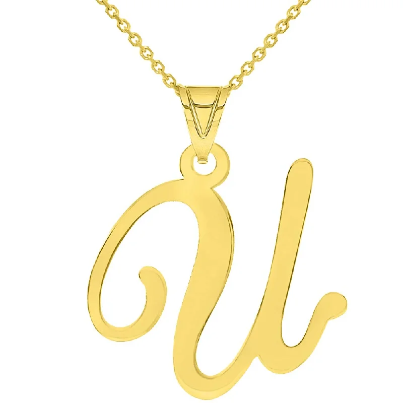 women luxury silver necklaces -14k Yellow Gold Dainty Uppercase Script Initial U Cursive Letter Pendant Necklace