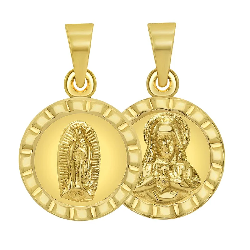 women designer necklaces -14k Yellow Gold Mini Guadalupe and Sacred Heart of Jesus Medallion Charm Pendant (Reversible)