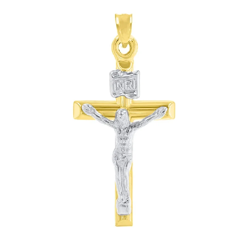 women luxury silver necklaces -14K Yellow Gold INRI Cross Two Tone Jesus Crucifix Pendant