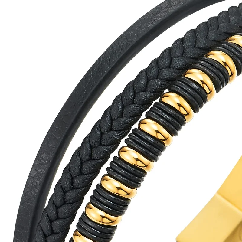 women thin bracelets -COOLSTEELANDBEYOND Mens Womens Black Leather Bracelet, Steel Gold Color Beads Rubber Ring Charm, Three-Strand Braided