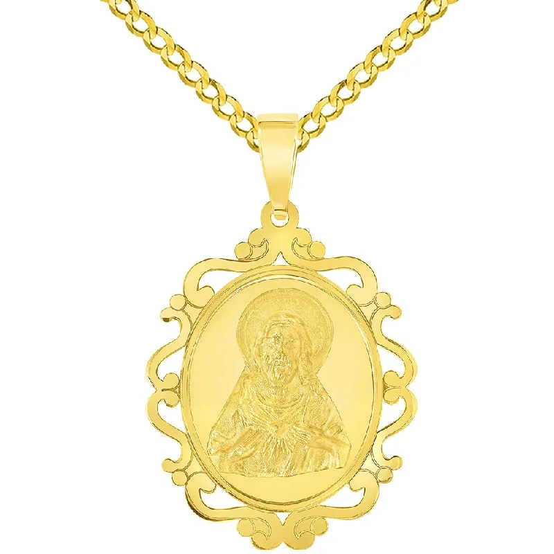 women casual necklaces -14k Yellow Gold Sacred Heart of Jesus Christ On Elegant Ornate Miraculous Medal Pendant with Cuban Chain Curb Necklace