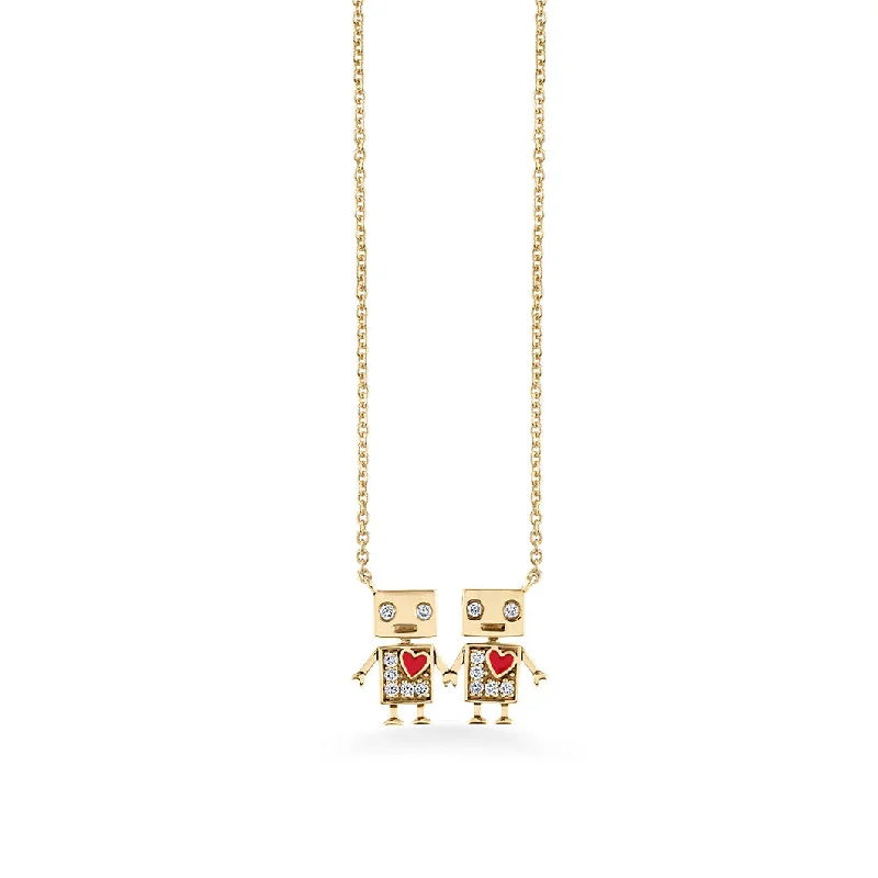 women long pendant necklaces -Gold & Diamond Robot Friendship Necklace