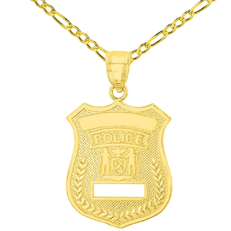 women moon necklaces -Solid 14K Yellow Gold Police Officer Badge Charm Pendant with Figaro Chain Necklace