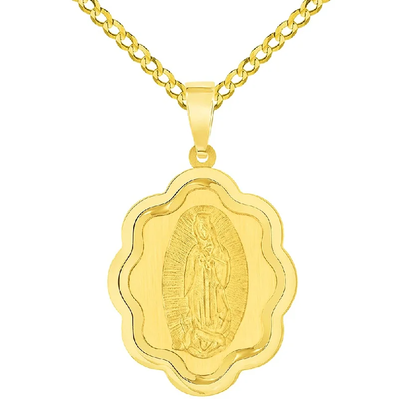 women round pendant necklaces -14k Yellow Gold Elegant Miraculous Medal of Our Lady of Guadalupe Pendant with Cuban Chain Curb Necklace