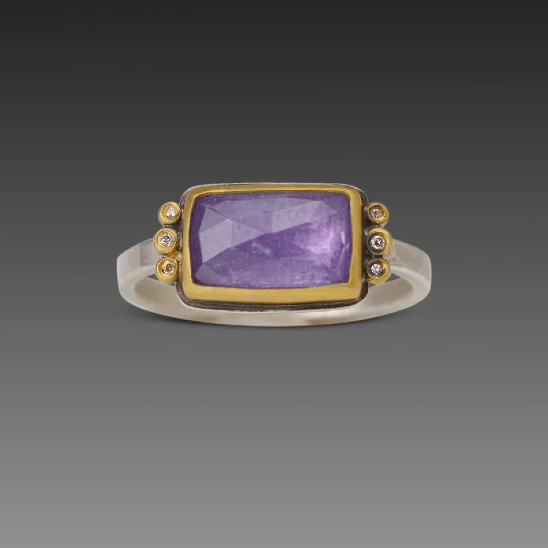 women cocktail rings -Rectangular Tanzanite Ring with Diamond Trios