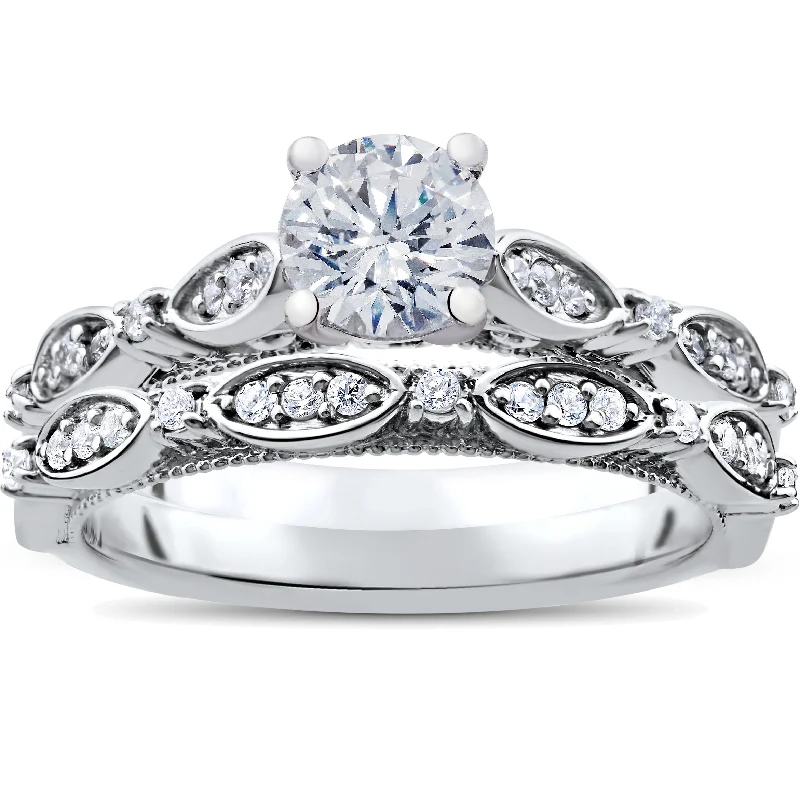 women custom designed engagement rings -1 ct Vintage Diamond Engagement Ring & Matching Wedding Band Set 14k White Gold