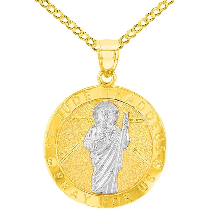 women round pendant necklaces -Solid 14K Yellow Gold Round St. Jude Thaddeus Medallion Pray For Us Pendant with Cuban Chain Necklace