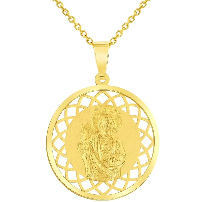 women crystal pendant necklaces -14k Yellow Gold Round Open Ornate Miraculous Medal of Saint Jude Thaddeus the Apostle Pendant Necklace