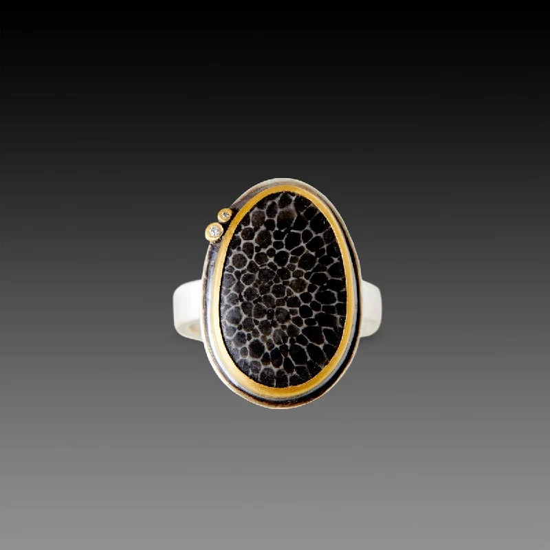 women rose gold rings -Bryozoan Fossil Ring with Two Diamonds