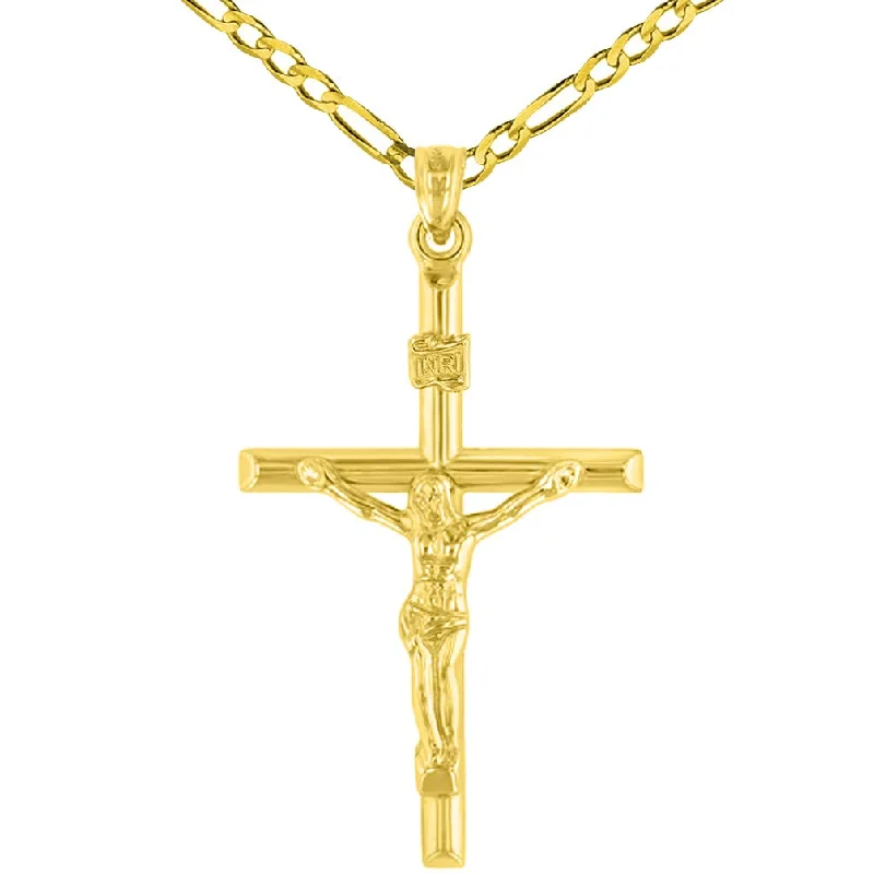 women lock necklaces -14K Yellow Gold INRI Crucifix Tubular Simple Polished Cross Pendant with Figaro Chain Necklace