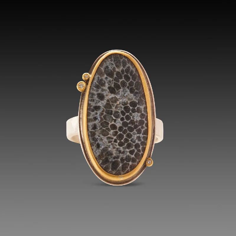 women ruby rings -Bryozoan Fossil Ring with Three Diamonds