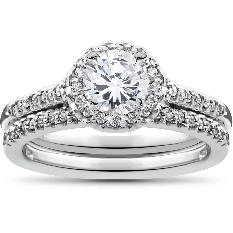 women engagement rings -3/4ct Halo Diamond Engagement Wedding Ring Set 14K White Gold