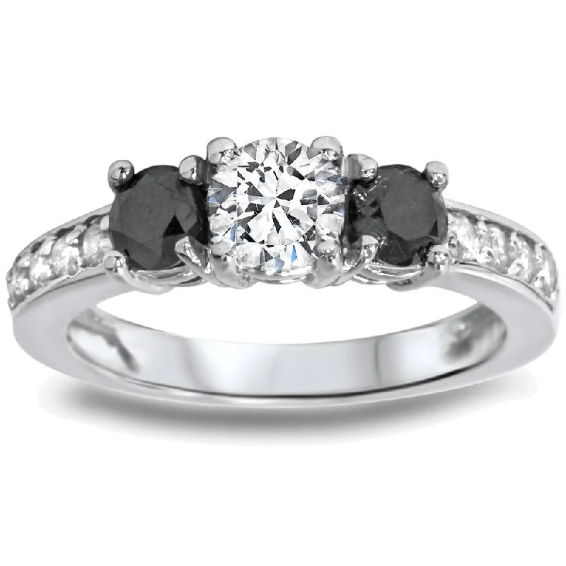 women emerald and diamond engagement rings -1ct Black & White Diamond 3 Stone Ring 14K White Gold