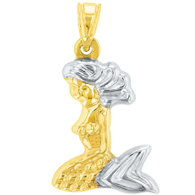 women link necklaces -High Polish 14K Yellow Gold 3D Mermaid Charm Pendant