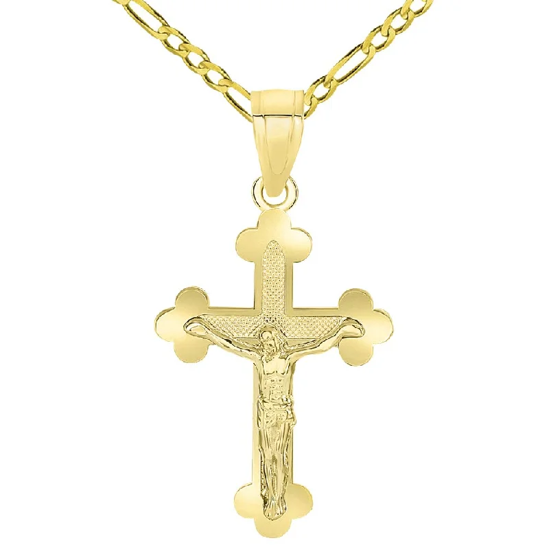 women custom necklaces -14k Yellow Gold Eastern Orthodox Cross Crucifix Charm Pendant with Figaro Necklace