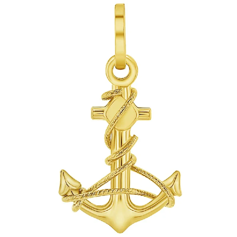 women custom engraved gold necklaces -Jewelry America Solid 14K Yellow Gold Polished Navy Anchor with Rope Charm Pendant