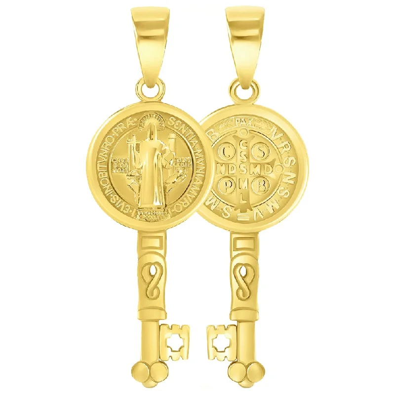 women silver chain necklaces -Solid 14k Yellow Gold Saint Benedict Key Charm Pendant (Reversible)