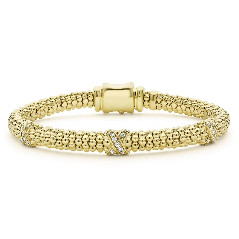 women cuff bangles -Embrace 18K Gold Three Station X Diamond Caviar Bracelet | 6mm