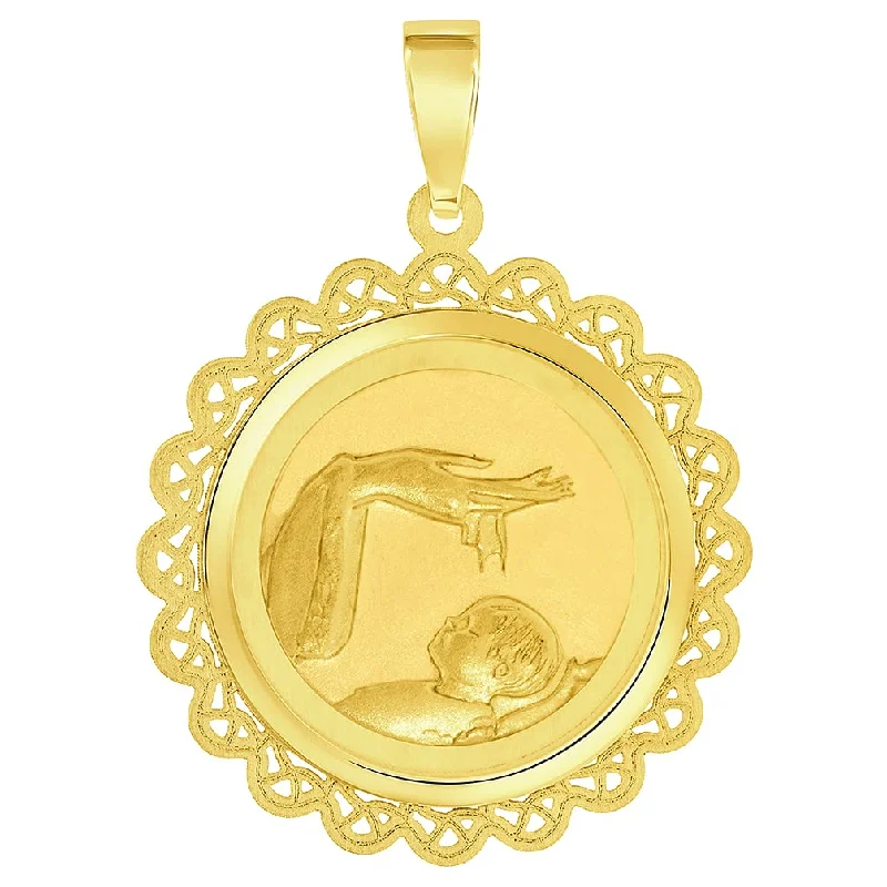 women butterfly pendant necklaces -14k Yellow Gold Religious Baptism Christening On Round Ornate Medal Pendant (1")